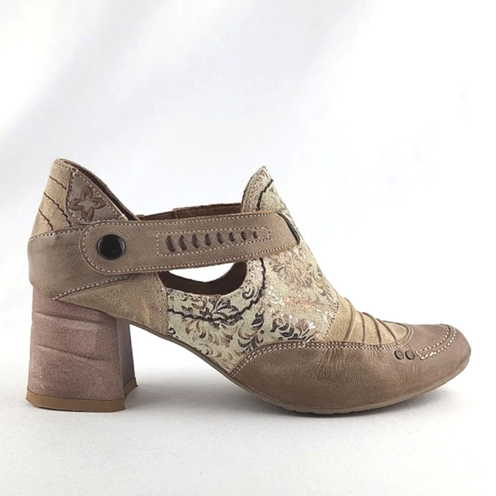Maciejka Women's Leather Heeled Taupe Cream Floral Print Shoes Block Heel Sz 37 - Picture 1 of 16